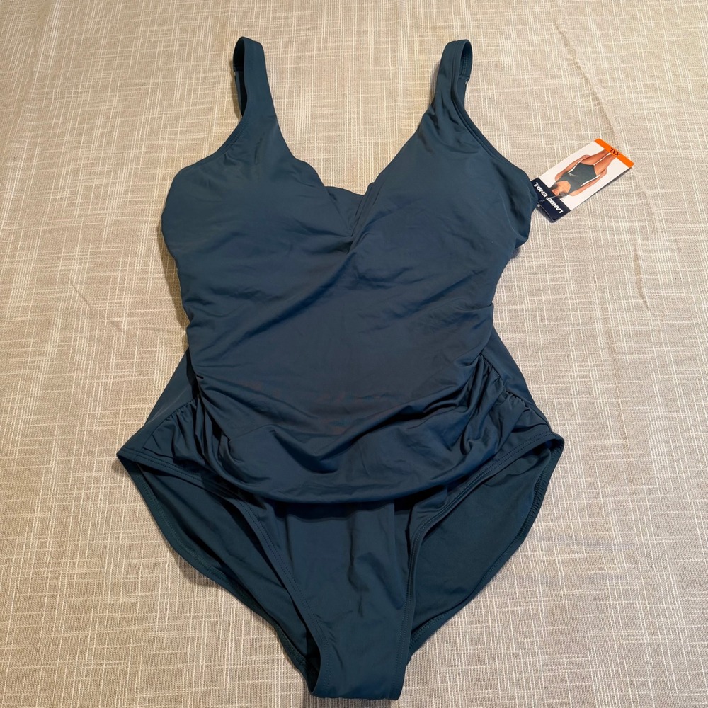 Lands End Womens XXL One Piece Swimsuit Dark Teal Green Surplice V-Neck NWT
